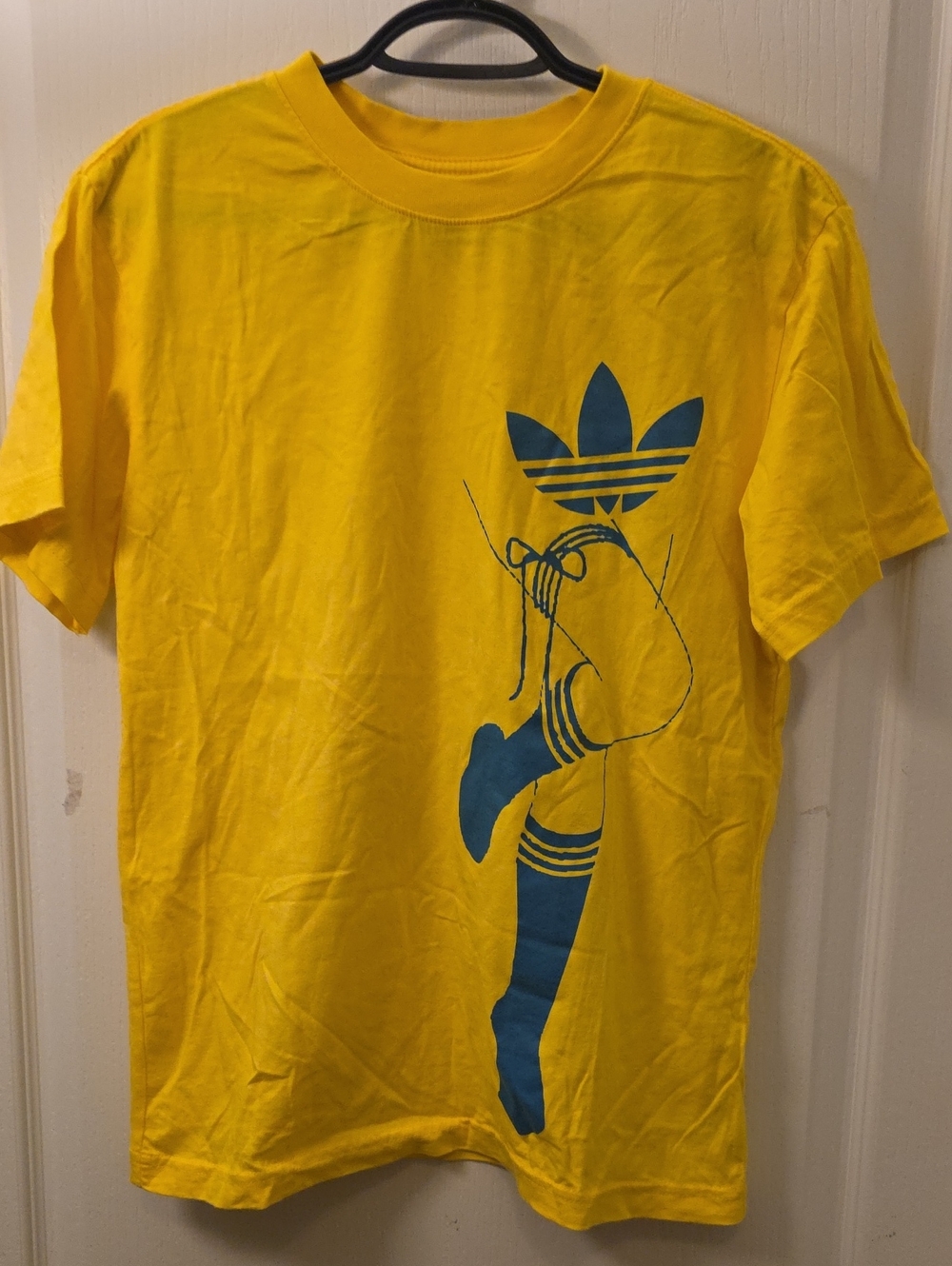Adidas Yellow Short Sleeve Tee with Blue Trefoil Graphic